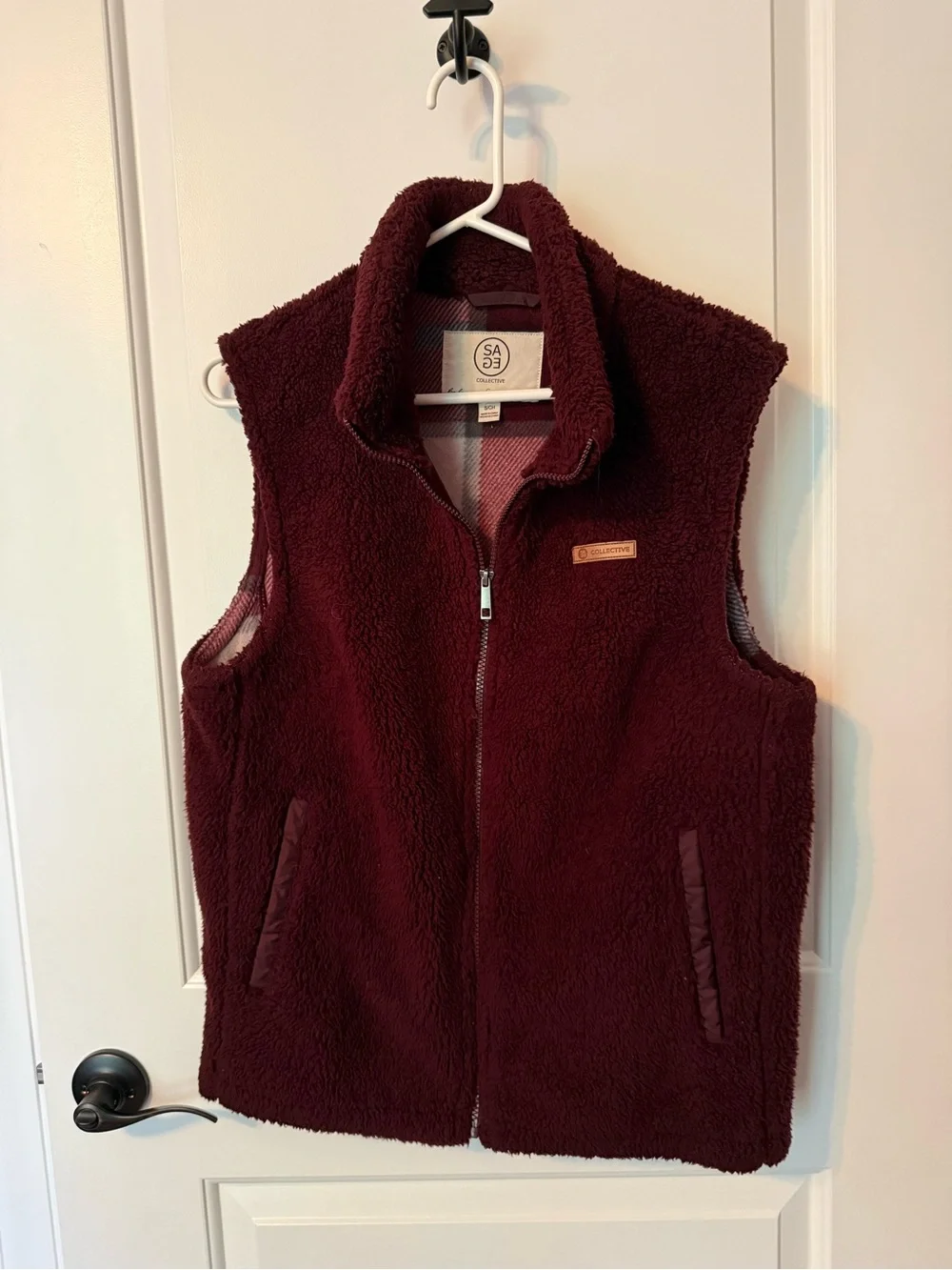 Woman’s Burgundy Plush Fleece Vest with Plaid Lining Small